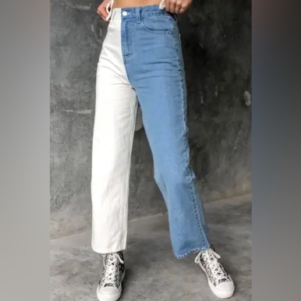 SHEKOU Women Half Angel Two Tone Denim Straight Leg Ankle Jeans NWT Medium